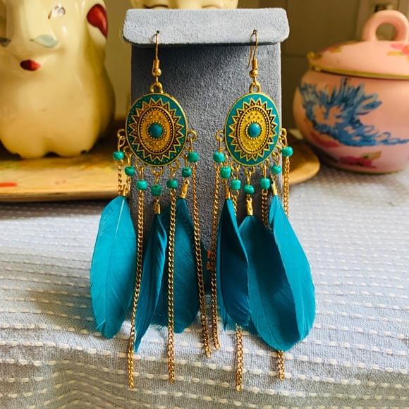 💙 Boho Blue Feather & Gold Tone Chain Long 4" Dangle Earrings - Feather ER - Picture 8 of 8